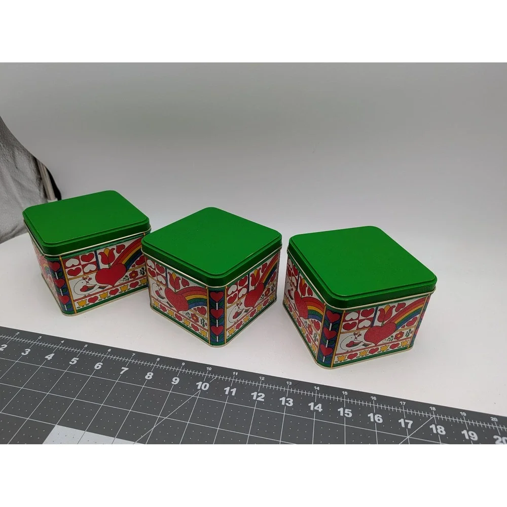 Potpourri Press Tin Canister Lot Green Hearts Rainbow Birds Tulips 3 Piece